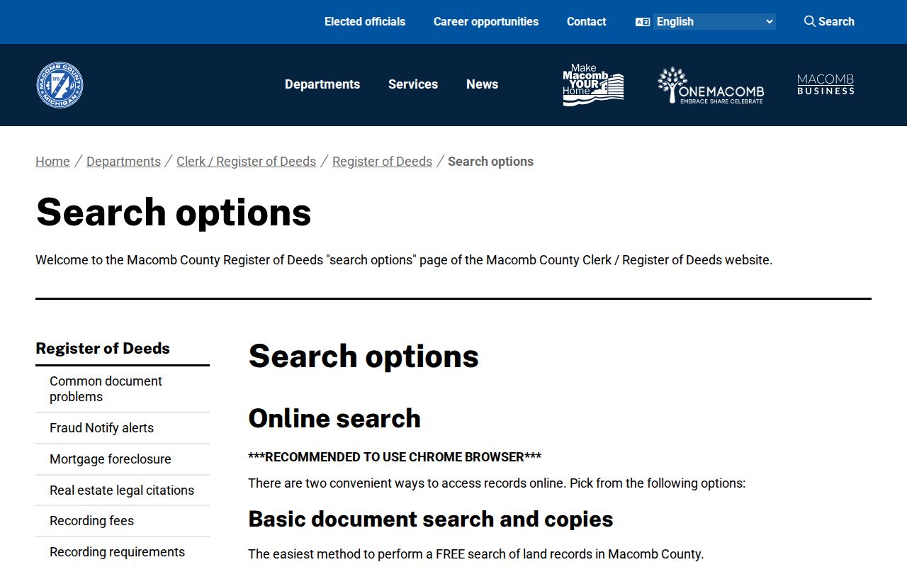 Chesterfield Township street directory Macomb deed search options